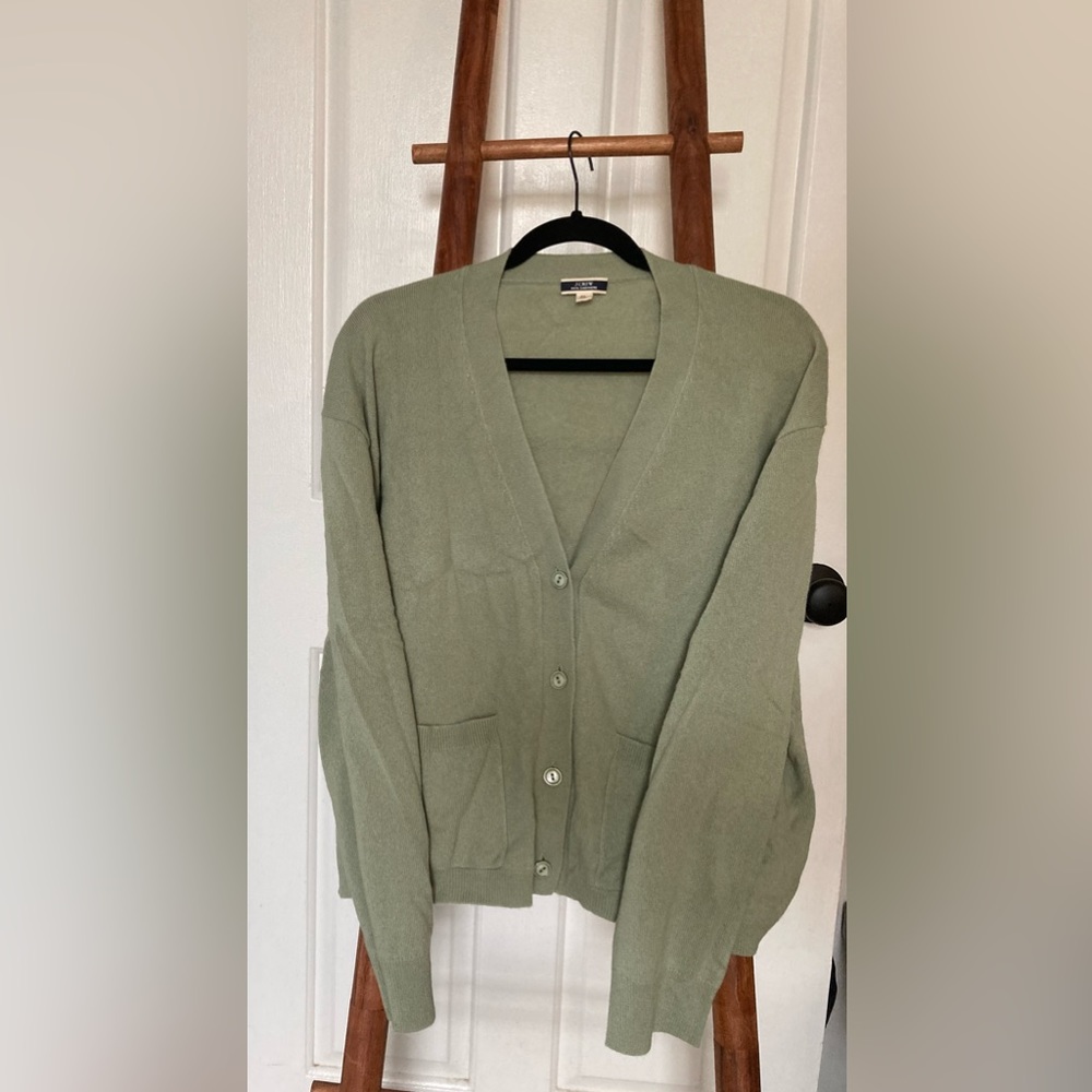 J. Crew Cashmere Patch-Pocket Cardigan in Faded Pistachio, XL
